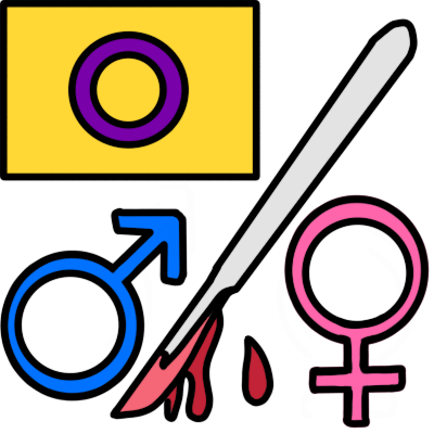 a bloody scalpel separates a bright blue mars sign and a pink venus sign. a brightly colored intersex flag is in the top left corner of the image, showing that the rest of the symbol has an intersex context.